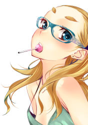 Rule 34 | 1girl, blonde hair, blue eyes, breasts, candy, cleavage, dekomegane, earrings, eyebrows, food, forehead, glasses, jewelry, lollipop, long hair, mouth hold, original, sasetsu, small breasts, solo, upper body
