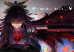 Rule 34 | &gt;:d, 1girl, :d, absurdres, arm cannon, bird wings, black hair, black wings, bow, evil grin, evil smile, glowing, grin, hair bow, highres, long hair, looking at viewer, natsume-same, open mouth, outstretched arm, radiation symbol, red eyes, reiuji utsuho, shirt, short sleeves, sketch, skirt, slit pupils, smile, solo, sparks, third eye, touhou, v-shaped eyebrows, weapon, wings