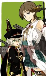 Rule 34 | 10s, 1boy, 1girl, bad id, bad twitter id, brown eyes, brown hair, cape, crossover, detached sleeves, flipped hair, green eyes, hairband, hat, hiei (kancolle), hotarumaru, japanese clothes, kantai collection, nontraditional miko, ootachi, open mouth, peaked cap, plaid, plaid skirt, remodel (kantai collection), ribbon-trimmed sleeves, ribbon trim, short hair, shorts, skirt, sword, tenni noboru, touken ranbu, weapon, white hair