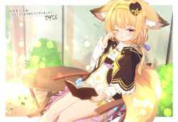 Rule 34 | 1girl, ;o, animal ear fluff, animal ears, black headwear, black jacket, blonde hair, book, chair, commentary request, commission, coreytaiyo, dated, dress, flower knight girl, frilled sleeves, frills, hairband, half-closed eye, hand up, hat, highres, holding, holding book, jacket, kitsune no botan (flower knight girl), layered sleeves, long hair, long sleeves, looking at viewer, mini hat, mini top hat, on chair, one eye closed, open book, parted lips, puffy long sleeves, puffy sleeves, red eyes, rubbing eyes, short over long sleeves, short sleeves, signature, skeb commission, solo, table, tail, tears, thighs, tilted headwear, top hat, translation request, white dress, yellow hairband