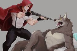 Rule 34 | 2boys, at gunpoint, beard, big bad wolf, black pants, facial hair, furry, furry male, gun, highres, holding, holding gun, holding weapon, hood, hood up, k0bit0wani, little red riding hood, male focus, manly, mature male, multiple boys, muscular, muscular male, nude, pants, red hood, scar, scar on face, scared, sharp teeth, shirt, snout, suspenders, teeth, thought bubble, weapon, white shirt, wolf boy