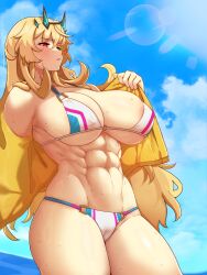 Rule 34 | 1girl, abs, absurdres, bare shoulders, barghest (fate), barghest (swimsuit archer) (fate), barghest (swimsuit archer) (final ascension) (fate), beach, bikini, blonde hair, blue sky, blush, breasts, cleavage, fate/grand order, fate (series), green eyes, heterochromia, highres, horns, large breasts, long hair, multicolored bikini, multicolored clothes, muscular, muscular female, navel, open clothes, open shirt, red eyes, shirt, sky, solo, swimsuit, thick thighs, thighs, todding, wet, white bikini, yellow shirt