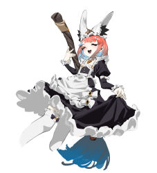 Rule 34 | 1girl, absurdres, animal ears, blue hair, bow, carrot, choker, clothes lift, eyelashes, fake animal ears, frilled thighhighs, frills, gloves, gradient hair, grey background, highres, holding, holding mop, long eyelashes, maid, mitsuki3s kir, mop, multicolored hair, one eye closed, open mouth, orange eyes, orange hair, original, oversized object, purple bow, simple background, single glove, solo, teeth, thighhighs, tongue, triangle, two-tone hair, upper teeth only, white bow, white choker, white gloves, white thighhighs