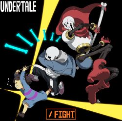 Rule 34 | 1other, 2boys, androgynous, ankle boots, arms up, black background, black shorts, blue jacket, bone, boots, brothers, brown footwear, brown hair, cape, cel shading, child, clenched teeth, closed eyes, commentary, copyright name, floating, floating cape, floating object, frisk (undertale), from side, full body, gameplay mechanics, gloves, grin, highres, holding, holding bone, holding stick, hood, hood down, hooded jacket, jacket, jumping, kamezaemon, male focus, midair, multiple boys, papyrus (undertale), pink footwear, red cape, red footwear, red gloves, romper, sans, shirt, shoes, short hair, shorts, siblings, simple background, skeleton, slippers, smile, socks, stick, teeth, undertale, white shirt, white socks