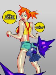 Rule 34 | 1girl, 3boys, absurdres, ass, blue eyes, breasts, clothes, creatures (company), croquant, english text, game freak, gen 1 pokemon, gen 3 pokemon, grey background, group sex, hand on another&#039;s ass, haunter, highres, holding, holding poke ball, medium breasts, misty (pokemon), multiple boys, nintendo, open mouth, orange hair, poke ball, pokemon, pokemon (anime), pokemon (classic anime), ponytail, shorts, shuppet, side ponytail, simple background, speech bubble, surprised