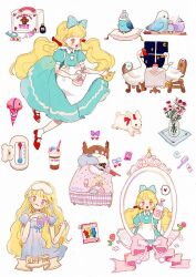 Rule 34 | 1girl, apron, aqua bow, aqua dress, bed, bird, black bow, black bowtie, blonde hair, blue dress, blue ribbon, blush stickers, bottle, bouquet, bow, bowtie, brushing hair, coffee, collar, collared dress, comb, crescent moon, doll, dress, drinking straw, first aid kit, flower, food, full body, goose, hair bow, hair down, hair ornament, hair scrunchie, hand in own hair, head tilt, heart, holding, holding bottle, holding comb, ice cream, ice cream cone, leaf, long hair, low twintails, mary janes, mask, mask on head, mirror, moon, multiple views, nightgown, open mouth, original, pajamas, pill, pink bow, pink eyes, pink flower, pink rose, polka dot, polka dot bow, puffy short sleeves, puffy sleeves, putong xiao gou, rabbit, red bow, red flower, red footwear, red rose, ribbon, rose, scrunchie, shampoo bottle, shoes, short sleeves, sleep mask, smile, socks, spoken heart, square neckline, star (sky), stuffed toy, syringe, teeth, thermometer, toothbrush, toothpaste, traditional bowtie, twintails, upper body, upper teeth only, vase, white apron, white background, white bow, white collar, white headwear, white mask, white ribbon, white socks, window