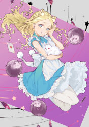 Rule 34 | 1girl, alice anotherbible, animal, animal ears, apron, bare arms, blonde hair, blue dress, blue eyes, bow, card, child, collared dress, dress, dress bow, feet out of frame, floating, floating hair, frilled dress, frills, full body, grin, hand in own hair, hedgehog, holding, holding animal, holding rabbit, jumping, legs up, long hair, pantyhose, petticoat, playing card, pom pom (clothes), purple background, rabbit, short dress, short sleeves, smile, solo, tautiki, toaru majutsu no index, toaru majutsu no index: genesis testament, toaru majutsu no index: new testament, white apron, white pantyhose, white rabbit (animal)