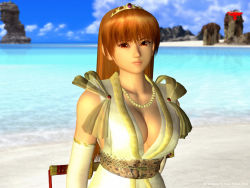 Rule 34 | 1girl, 3d, bare shoulders, beach, breasts, brown eyes, brown hair, cleavage, day, dead or alive, dead or alive 2, elbow gloves, gloves, japanese clothes, jewelry, kasumi (doa), kodachi, large breasts, logo, long hair, looking at viewer, necklace, ninja, official art, short sword, solo, sword, tiara, weapon