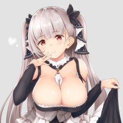Rule 34 | 1girl, azur lane, bare shoulders, between breasts, bit (keikou syrup), black dress, blush, breasts, cleavage, commentary, dress, earrings, formidable (azur lane), frilled dress, frills, grey background, grey hair, hair ornament, hair ribbon, hand up, heart, highres, jewelry, large breasts, long hair, long sleeves, looking at viewer, red eyes, ribbon, simple background, skirt hold, smile, solo, twintails