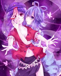 Rule 34 | 2girls, bad id, bad pixiv id, blue eyes, blue hair, blush, breasts, bug, butterfly, cleavage, female focus, hair ornament, hair rings, hair stick, hand on another&#039;s face, hat, hug, hug from behind, ikeda hazuki, imminent kiss, bug, jiangshi, kaku seiga, lips, looking at viewer, miyako yoshika, multiple girls, naughty face, navel, ofuda, open mouth, outstretched arms, pink eyes, purple hair, short hair, side slit, skirt, smile, star (symbol), touhou, yuri, zombie pose