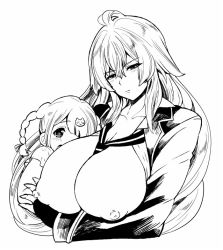 Rule 34 | 2girls, blonde hair, blush, braid, breasts, breasts out, cat hair ornament, collared shirt, couple, fingerless gloves, gloves, greyscale, gyaru, hair ornament, large breasts, long hair, looking at viewer, loose necktie, monochrome, multiple girls, nayuzaki natsumi, necktie, nipples, puffy nipples, red hair, shikishima mirei, shirt, short twintails, tokonome mamori, twintails, valkyrie drive, valkyrie drive -mermaid-, yuri