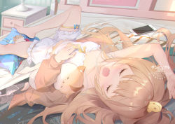 Rule 34 | 1girl, absurdres, animal, animal hug, arm up, artist name, bare legs, barefoot, blush, breasts, brown hair, brown jacket, camisole, cellphone, closed eyes, collarbone, commentary request, drawer, earphones, fang, hand on own chest, highres, indoors, jacket, knee up, long hair, long sleeves, lying, on back, on bed, open mouth, original, phone, pillow, saliva, short shorts, shorts, sleeping, small breasts, smartphone, solo, somna, thigh strap, white shorts