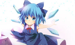 Rule 34 | 1girl, bad id, bad pixiv id, blue eyes, blue hair, blush, bow, cirno, clenched teeth, funnyfunny, grin, hair bow, highres, ice, ice wings, matching hair/eyes, outstretched arms, short hair, sleeveless, smile, solo, teeth, touhou, wings