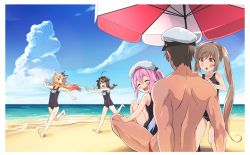 Rule 34 | 10s, 1boy, 4girls, :o, ^ ^, admiral (kancolle), aged down, ahoge, asymmetrical hair, bare arms, bare legs, bare shoulders, beach umbrella, beret, black one-piece swimsuit, black ribbon, blonde hair, blue eyes, blue sky, braid, breasts, brown hair, closed eyes, cloud, collarbone, corn, day, gradient hair, hair flaps, hair flsps, hair ornament, hair ribbon, hairpin, hands on another&#039;s shoulders, harusame (kancolle), hat, horizon, kantai collection, light brown hair, long hair, mouth hold, multicolored hair, multiple girls, murasame (kancolle), ocean, one-piece swimsuit, open mouth, outdoors, pink hair, red eyes, red hair, remodel (kantai collection), ribbon, school swimsuit, shigure (kancolle), shore, side ponytail, sidelocks, single braid, sitting, sky, small breasts, standing, swimsuit, topless, turning head, twintails, umbrella, very long hair, water, white hat, yuudachi (kancolle), zero (miraichizu)