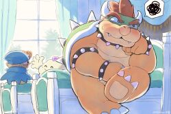 Rule 34 | armlet, bed, blue cape, blue headwear, blush, bowser, cape, clawed feet, clenched hands, collar, curtains, fangs, geno (mario), hand on own chin, hand up, highres, horns, looking at another, looking up, male focus, mallow (mario), mario (series), nintendo, on bed, oomori rice, smile, spiked armlet, spiked collar, spiked shell, spikes, spoken squiggle, squiggle, super mario rpg, sweatdrop, tassel, tree, window