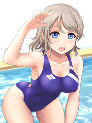 Rule 34 | 10s, 1girl, arm up, blue eyes, blue one-piece swimsuit, blush, breasts, brown hair, competition swimsuit, covered navel, highres, inanaki shiki, looking at viewer, love live!, love live! sunshine!!, one-piece swimsuit, open mouth, pool, salute, short hair, smile, solo, swimsuit, watanabe you, water, wet