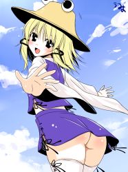 Rule 34 | 1girl, ass, black eyes, blonde hair, cloud, day, female focus, hair ribbon, hat, highres, looking at viewer, looking back, moriya suwako, no panties, open mouth, outstretched arms, ribbon, short hair, sky, smile, solo, spread arms, thighhighs, touhou, umyonge (lkakeu), white thighhighs, zettai ryouiki