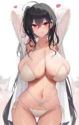 Rule 34 | 1girl, :q, absurdres, ahoge, armpits, arms up, azur lane, bikini, black hair, blush, breasts, cameltoe, chinese commentary, cleft of venus, closed mouth, commentary request, curvy, double-parted bangs, hair between eyes, heart, highres, huge breasts, long hair, long sleeves, looking at viewer, multi-strapped bikini bottom, narrow waist, navel, official alternate costume, one side up, red eyes, see-through, see-through shirt, shirt, side-tie bikini bottom, sidelocks, solo, stomach, sweat, swimsuit, taihou (azur lane), taihou (seaside daydreams) (azur lane), thigh gap, tongue, tongue out, very long hair, very sweaty, wet, wet clothes, wet shirt, white bikini, white shirt, wide hips, xiang cheng (nido)