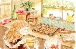 Rule 34 | 1girl, animal, apple, bird, book, brown hair, cat, closed eyes, cookie, food, fruit, holding, indoors, long hair, oniheya 53, open book, open mouth, original, painting (medium), plant, potted plant, squirrel, traditional media, watercolor (medium), white cat, window