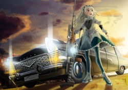 Rule 34 | 10s, 1girl, absurdres, car, chaika trabant, cloud, gun, highres, hitsugi no chaika, long hair, motor vehicle, name connection, object namesake, rifle, russian text, silver hair, sky, smile, solo, thighhighs, vehicle, vehicle focus, weapon