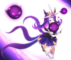 Rule 34 | 1girl, blue eyes, blue skirt, blush, colored inner hair, creature, elbow gloves, eyepatch, facial mark, gloves, league of legends, long hair, looking at viewer, miniskirt, multicolored hair, one eye covered, purple eyes, purple hair, single thighhigh, siun, skirt, solo, star (symbol), star facial mark, star guardian (league of legends), syndra, thighhighs, white gloves, white thighhighs