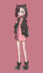 Rule 34 | 1girl, asymmetrical bangs, backpack, bag, black choker, black footwear, black hair, black jacket, choker, closed mouth, creatures (company), dress, expressionless, flat chest, full body, game freak, green eyes, hair ribbon, highres, jacket, long sleeves, looking at viewer, marnie (pokemon), nintendo, open clothes, open jacket, pink dress, pokemon, pokemon swsh, red background, red bag, red ribbon, ribbon, sleeves past wrists, solo, twintails, yuyuyu wasabi