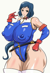 Rule 34 | 10s, 1girl, armpit hair, bare shoulders, blue eyes, blue hair, bodysuit, breasts, colored armpit hair, colored pubic hair, covered erect nipples, female focus, female pubic hair, gloves, gundam, gundam build fighters, huge breasts, iori rinko, long hair, matching hair/eyes, mature female, mr106, pubic hair, simple background, solo, standing, uncensored, wide hips