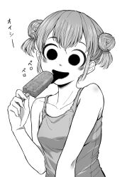 Rule 34 | 1girl, 4shi, bags under eyes, bare shoulders, breasts, collarbone, dango-chan (4shi), double bun, eating, food, greyscale, hair bun, hand up, highres, holding, holding food, hollow eyes, hollow mouth, licking, medium breasts, monochrome, open mouth, original, popsicle, simple background, smile, solo, tank top, tongue, tongue out, translated, upper body
