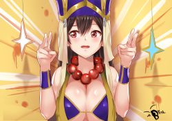 Rule 34 | 1girl, absurdres, bad id, bad pixiv id, bare shoulders, bead necklace, beads, bikini, blinkblink art, blue bikini, blush, breasts, brown hair, cleavage, double v, earrings, emotional engine - full drive, fate/grand order, fate (series), hair between eyes, hands up, hat, highres, hoop earrings, jewelry, large breasts, long hair, looking to the side, necklace, open mouth, parody, prayer beads, red eyes, solo, sparkle, swimsuit, v, vest, wrist cuffs, xuangzang sanzang (fate), yellow background, yellow vest