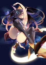 Rule 34 | 1girl, armpits, arms up, ass, black thighhighs, blazblue, breasts, fundoshi, hades izanami, hair between eyes, headpiece, highres, japanese clothes, kyuu (plastic night q), long hair, looking at viewer, mikado (blazblue), open mouth, purple hair, red eyes, red skirt, skirt, small breasts, smile, solo, thighhighs