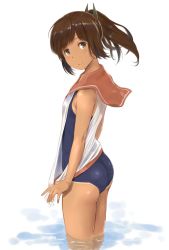 Rule 34 | 10s, 1girl, bad id, bad twitter id, bare shoulders, brown eyes, brown hair, highres, i-401 (kancolle), inactive account, kantai collection, one-piece swimsuit, ponytail, sailor collar, school swimsuit, school uniform, short hair, short ponytail, simple background, smile, solo, swimsuit, swimsuit under clothes, tan, wa (genryusui), wading