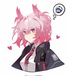 Rule 34 | 1girl, animal ears, arknights, bird ears, black jacket, collared shirt, cropped torso, fiammetta (arknights), hair between eyes, haobuguniao, heart, highres, implied yuri, jacket, looking at viewer, mostima (arknights), necktie, open clothes, open jacket, pink eyes, pink hair, red necktie, shirt, short hair, simple background, solo, spoken character, thought bubble, upper body, walkie-talkie, white background, white shirt