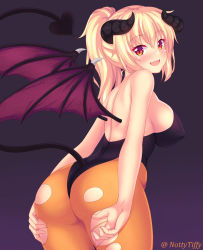 Rule 34 | 1girl, ass, bare shoulders, blonde hair, blush, breasts, cowboy shot, demon girl, demon tail, demon wings, fangs, from behind, from side, highres, horns, large breasts, leotard, long hair, looking at viewer, looking back, nottytiffy, open mouth, orange pantyhose, original, pantyhose, ponytail, red eyes, slit pupils, solo, strapless, strapless leotard, tail, thighs, tiffy (nottytiffy), torn clothes, torn pantyhose, twitter username, wings