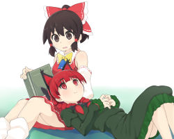 Rule 34 | 2girls, animal ears, bare shoulders, black bow, black hair, blouse, bow, braid, brown eyes, cat ears, collared shirt, commentary request, dress, green dress, hair bow, hakurei reimu, highres, juliet sleeves, kaenbyou rin, lap pillow, long sleeves, looking at another, multiple girls, open mouth, partial commentary, puffy sleeves, red bow, red eyes, red hair, red shirt, shirt, sitting, sleeveless, sleeveless shirt, touhou, twin braids, yuri, zuttokodomo