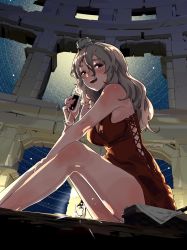 Rule 34 | 1girl, absurdres, alcohol, alternate costume, arena, basket, blush, bottle, breasts, brown eyes, colosseum, cup, dress, drink, drinking glass, drunk, from below, full moon, grey hair, hat, highres, igarashi mangou, italy, kantai collection, lantern, legs, lights, long hair, looking at viewer, looking down, medium breasts, mini hat, moon, night, open mouth, pola (kancolle), red dress, rome (city), ruins, sitting, sky, smile, star (sky), starry sky, wavy hair, wine, wine bottle, wine glass