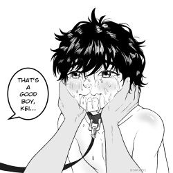 Rule 34 | 1boy, artist name, bare shoulders, black hair, blush, collar, cum, cum in mouth, cum in nose, english text, facial, greyscale, hand on another&#039;s face, kei (zincubis), leash, male focus, monochrome, original, speech bubble, tagme, white background, yaoi, zincubis