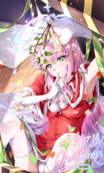 Rule 34 | 1girl, absurdres, angel wings, armpits, blue archive, blush, box, breasts, christmas, closed mouth, dress, feathered wings, floor, gift, gift box, gloves, halo, highres, indoors, long hair, looking at viewer, medium breasts, mika (blue archive), norimori, pink hair, pink halo, pom pom (clothes), red dress, santa costume, smile, solo, thighhighs, white gloves, white thighhighs, white wings, wings, yellow eyes