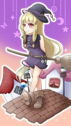 Rule 34 | 1girl, arms behind back, bare shoulders, belt, black hat, blonde hair, blush, boots, braid, breasts, broom, brown footwear, bug, butterfly, child, closed mouth, crescent moon, diamond (shape), dress, female focus, gear, hair bobbles, hair ornament, hat, highres, holding, house, insect, lamppost, light blush, long hair, medium breasts, moon, muguet, original, outdoors, outline, purple dress, red eyes, single braid, sleeveless, sleeveless dress, smile, solo, sparkle, very long hair, walking, white outline, window, witch, witch hat