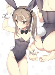 Rule 34 | 10s, 1girl, animal ears, ass, bare shoulders, barefoot, black leotard, blush, bow, bowtie, breasts, brown eyes, brown hair, covered navel, detached collar, fake animal ears, feet, frown, girls und panzer, gluteal fold, groin, hair between eyes, hair ribbon, highleg, highleg leotard, highres, icomochi, leotard, long hair, multiple views, one side up, playboy bunny, rabbit ears, rabbit tail, ribbon, shimada arisu, shiny clothes, side ponytail, sitting, small breasts, soles, tail, white background, wrist cuffs