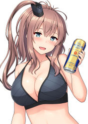 Rule 34 | 1girl, :d, bare arms, bare shoulders, bikini, black bikini, blue eyes, breasts, brown hair, can, cleavage, collarbone, cup, hair ornament, halterneck, has bad revision, highres, holding, holding cup, kantai collection, large breasts, long hair, looking at viewer, nakamura sumikage, one side up, open mouth, ponytail, saratoga (kancolle), saratoga mk ii (kancolle), simple background, smile, solo, stomach, swimsuit, white background