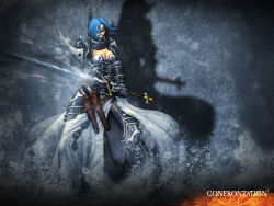 Rule 34 | 1girl, blue hair, confrontation, confrontation (game), solo, sword, thighhighs, wallpaper, weapon