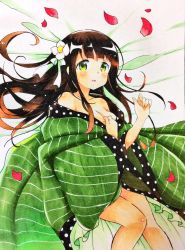 Rule 34 | 1girl, :o, absurdres, bad id, bad pixiv id, bed sheet, blunt bangs, blush, breasts, brown hair, cleavage, commentary request, cowboy shot, flower, from above, gochuumon wa usagi desu ka?, green eyes, green kimono, green ribbon, hair flower, hair ornament, highres, japanese clothes, kimono, long hair, long sleeves, looking at viewer, lying, medium breasts, no bra, off shoulder, on back, open mouth, petals, polka dot trim, ribbon, ryou (rin06), solo, striped clothes, striped kimono, traditional media, ujimatsu chiya, white flower, wide sleeves