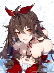 Rule 34 | 0 0, 2girls, ahoge, amber (genshin impact), artist name, baron bunny (genshin impact), breasts, brown hair, choker, cleavage, collarbone, deathalice, elbow gloves, fang, genshin impact, gloves, hair between eyes, hairband, highres, large breasts, long hair, looking at viewer, multiple girls, open mouth, orange eyes, red choker, red gloves, red hairband, red ribbon, ribbon, skin fang, smile, snowflakes, twitter username