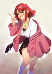 Rule 34 | 1girl, absurdres, bag, blush, breasts, brown eyes, casual, casual, cleavage, dress, earrings, eltonel, grin, handbag, highres, jacket, jewelry, large breasts, legs, looking at viewer, medium breasts, necklace, pink jacket, pyra (xenoblade), red hair, shirt, smile, solo, standing, thighs, white shirt, xenoblade chronicles (series), xenoblade chronicles 2