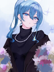 Rule 34 | 1girl, absurdres, blue eyes, blue hair, chain, chain necklace, expressionless, highres, hololive, hoshimachi suisei, looking at viewer, mile (off8mile), necklace, ponytail, solo, standing, virtual youtuber