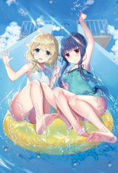 Rule 34 | 2girls, :d, ahoge, arm up, armpits, bare shoulders, barefoot, blonde hair, blue eyes, blue hair, blue sky, blunt bangs, blush, bow, braid, closed mouth, cloud, collarbone, commentary request, confetti, day, dot nose, flat chest, flower, frilled swimsuit, frills, from below, full body, green one-piece swimsuit, hair flower, hair ornament, hand up, highres, holding hands, idolmaster, idolmaster cinderella girls, knees together feet apart, knees up, long hair, looking at viewer, low twintails, multiple girls, one-piece swimsuit, open hand, open mouth, outdoors, panties, pantyshot, platform, polka dot, polka dot swimsuit, raft, railing, red eyes, sajo yukimi, short hair, side-tie swimsuit, sidelocks, sky, sleeveless, smile, soles, striped, striped bow, swimsuit, takashina asahi, thighs, twintails, underwear, water, water drop, water slide, white one-piece swimsuit, yusa kozue