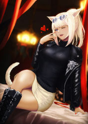 Rule 34 | 1girl, absurdres, animal ears, blonde hair, blue eyes, blurry, blurry background, boots, breasts, cat ears, cat tail, commission, cross-laced footwear, crossed legs, eyewear on head, fangs, final fantasy, final fantasy xiv, highres, jacket, lace-up boots, medium breasts, miqo&#039;te, one eye closed, open clothes, open jacket, open mouth, pixiv commission, ponytail, short hair, skirt, solo, sunglasses, tail, warrior of light (ff14), zeri (zeristudio)