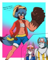 Rule 34 | 1boy, 2girls, animal ears, bandages, blood, blue hair, brand new animal, breasts, collar, collarbone, cosplay, domino mask, erdfurry, eyebrows, eyebrows hidden by hair, fox ears, frown, fur trim, furry, glasses on head, gradient background, gradient eyes, grey eyes, grey hair, hat, hiwatashi nazuna, kagemori michiru, legs apart, long hair, looking at viewer, mask, midriff, monkey d. luffy (cosplay), multicolored eyes, multicolored hair, multiple girls, navel, nico robin (cosplay), nosebleed, ogami shirou, one piece, open clothes, open shirt, pink hair, raccoon ears, raccoon tail, red eyes, shirt, short hair, shorts, simple background, small breasts, smile, speech bubble, standing, straw hat, streaked hair, sunglasses, tail, tanuki, thumbs up, tony tony chopper (cosplay), torn clothes, torn shirt, transformation, wolf ears