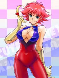 Rule 34 | 1girl, blue eyes, bodysuit, breasts, choker, cleavage, closed mouth, commentary request, cutie honey, cutie honey (character), gloves, groin, halterneck, heart, highres, large breasts, looking at viewer, magical girl, red hair, retro artstyle, short hair, skin tight, smile, solo, sword, tamanegiinyo, weapon