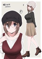 Rule 34 | !, 1girl, :d, adjusting clothes, adjusting dress, arms behind back, beanie, boots, breasts, brown hair, cabbie hat, collarbone, dress, from side, full body, hand on own chest, hand on own wrist, hat, highres, ikari manatsu, kamihira mao, large breasts, looking at viewer, looking to the side, multiple views, no socks, open mouth, original, pleated skirt, purple eyes, red dress, shirt, shirt under dress, short hair, skirt, smile, spoken exclamation mark, standing, striped clothes, striped shirt, turtleneck, upper body, walking